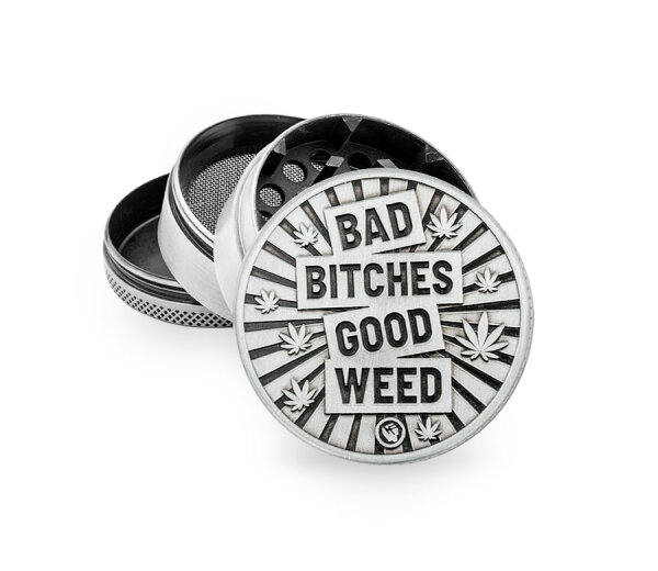 Metal Grinder - 50mm - 4 Layers - Silver - Bad Bitches Good Weed - Display - 4 St&uuml;ck