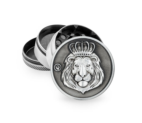 Metal Grinder - 50mm - 4 Layers - Silver - Rasta Lion - Display - 4 St&uuml;ck