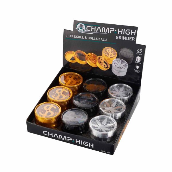 Champ High - Grinder Dollar / Skull / Hemp Leaf - 63mm - 4 Layers - Display - 9 St&uuml;ck