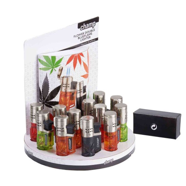 Champ - Hemp Leaf Feuerzeug mit 2 blauen Flammen - Display - 12 St&uuml;ck